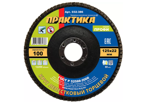 Диск лепестковый торцевой 125 х 22 мм Р100 (1шт.) картонный подвес ПРАКТИКА 
