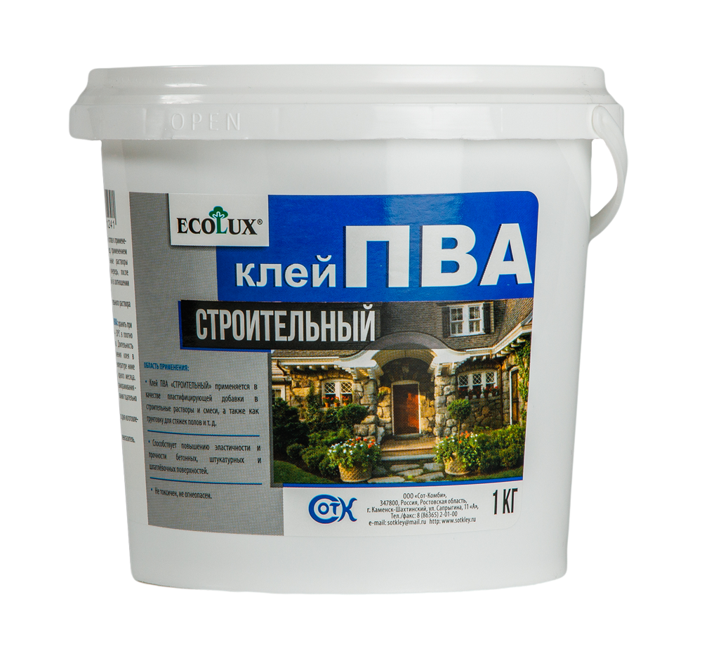 Клей ПВА ECOLUX строительный (1,0 кг) (12 шт коробка)